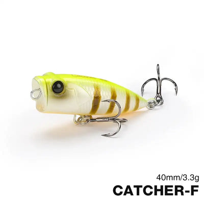 Tsurinoya CATCHER 40F popper lure, chartreuse and white with gold stripe, treble hooks