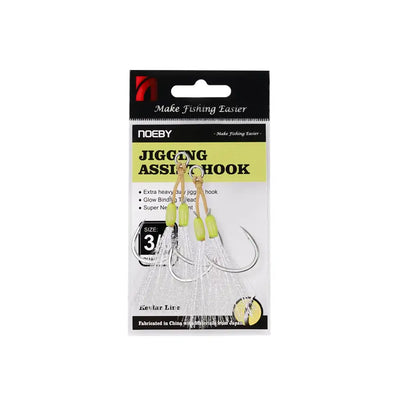 Noeby jigging assist hook package, size 3/0, lime-green heads, needle-point hooks