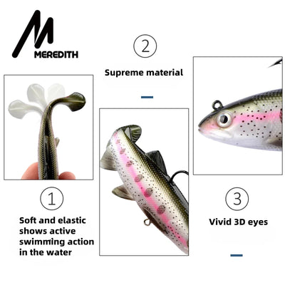 Soft elastic swimbait lure with pink-speckled body, hook, and side tail fin