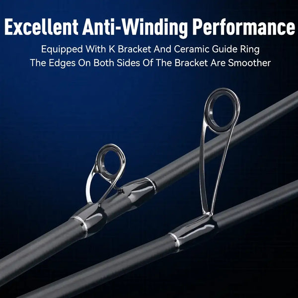 Fishing rod with ceramic guide rings and anti-tangle hardware on dark blank