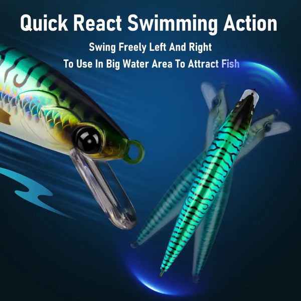 Saltwater sinking minnow lure, teal-striped body with front treble hook and split tail
