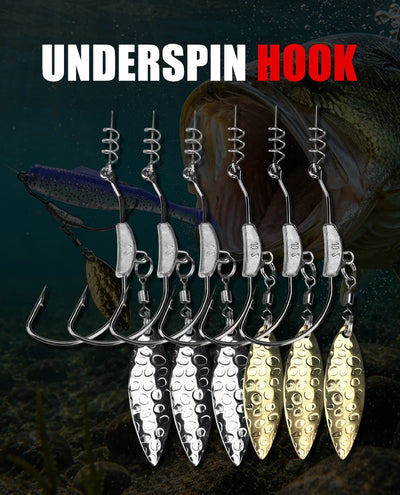 Underspin hook set with spinner blades and treble hooks, silver and gold swimbaits