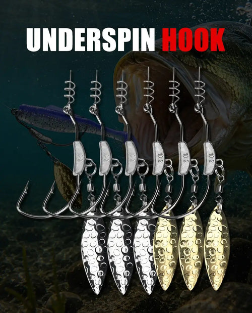 Underspin hook set with spinner blades and treble hooks, silver and gold swimbaits