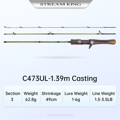 Ultralight casting fishing rod, 1.39m, carbon lure rod with cork handle and guides