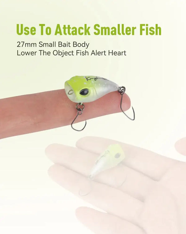 Small lime-green micro popper lure on a hand, with front hook loops
