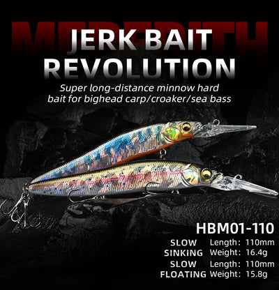 110mm HBM01-110 minnow jerk bait, metallic rainbow body with gold eye, two treble hooks