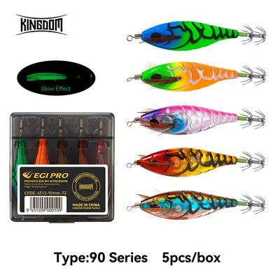 KINGDOM EGI PRO luminous squid jig box, Type 90 series, 5pcs with treble hooks