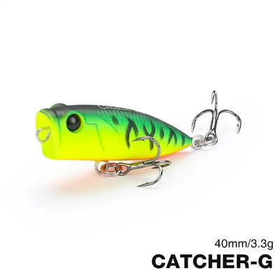 Tsurinoya CATCHER 40F popper lure, neon green yellow body with black stripe and hooks