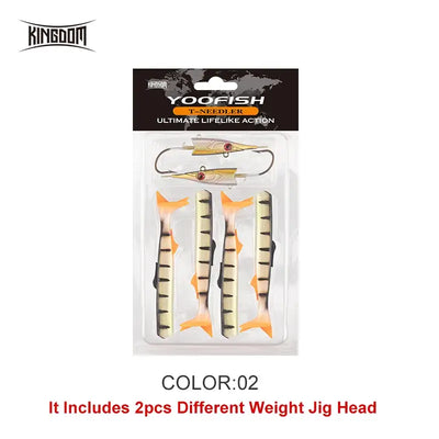 Sinking fishing lure set in cream paddle-tail soft baits with orange jig heads