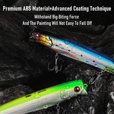 Set of two floating minnow lures: blue-green and neon green, each with treble hooks