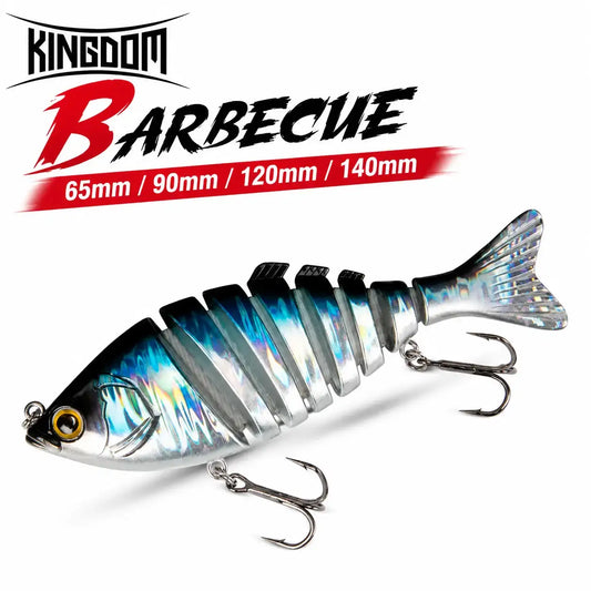 Multi-jointed hard fishing lure, silver-blue swimbait with treble hooks