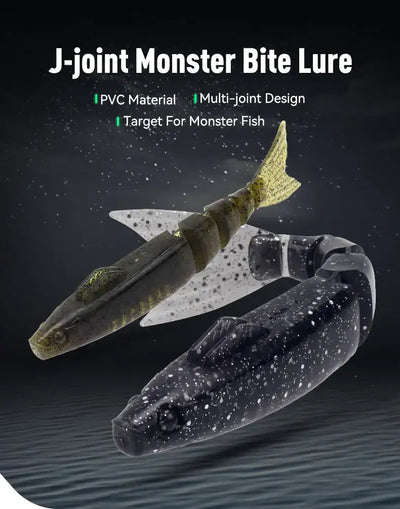 Jointed swimbait lure set: one greenish and one black version with speckled bodies.