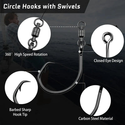 Circle fishing hooks with swivels showing closed eye, barbed sharp tip, 360° rotation