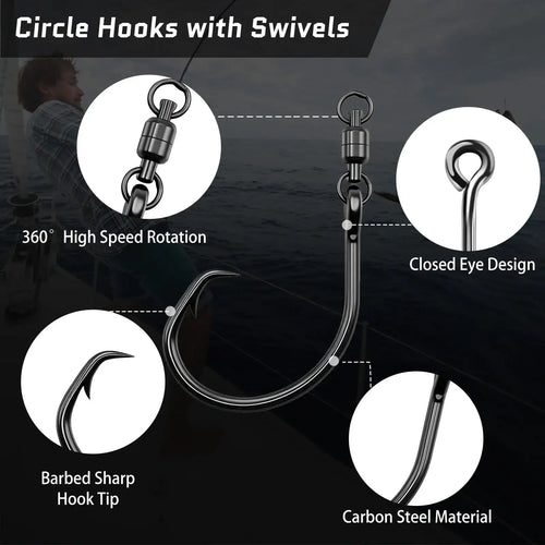 Circle fishing hooks with swivels showing closed eye, barbed sharp tip, 360° rotation