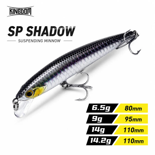 Kingdom SP Shadow suspending minnow hard lure, silver-blue fish pattern with treble hooks