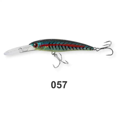 Saltwater minnow trolling wobbler lure, dark blue-red striped body with red eye and treble hooks