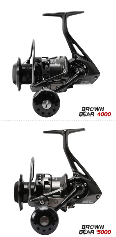 Black spinning reel with different reel sizes, front view on white background