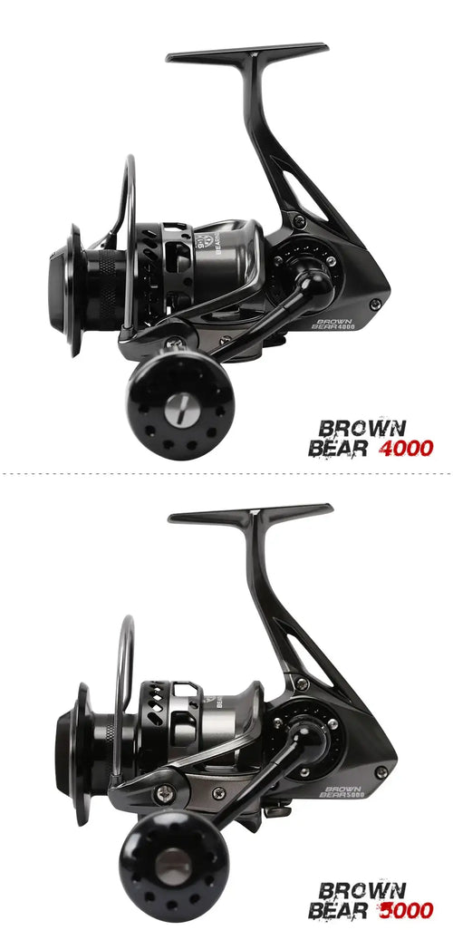 Black spinning reel with different reel sizes, front view on white background