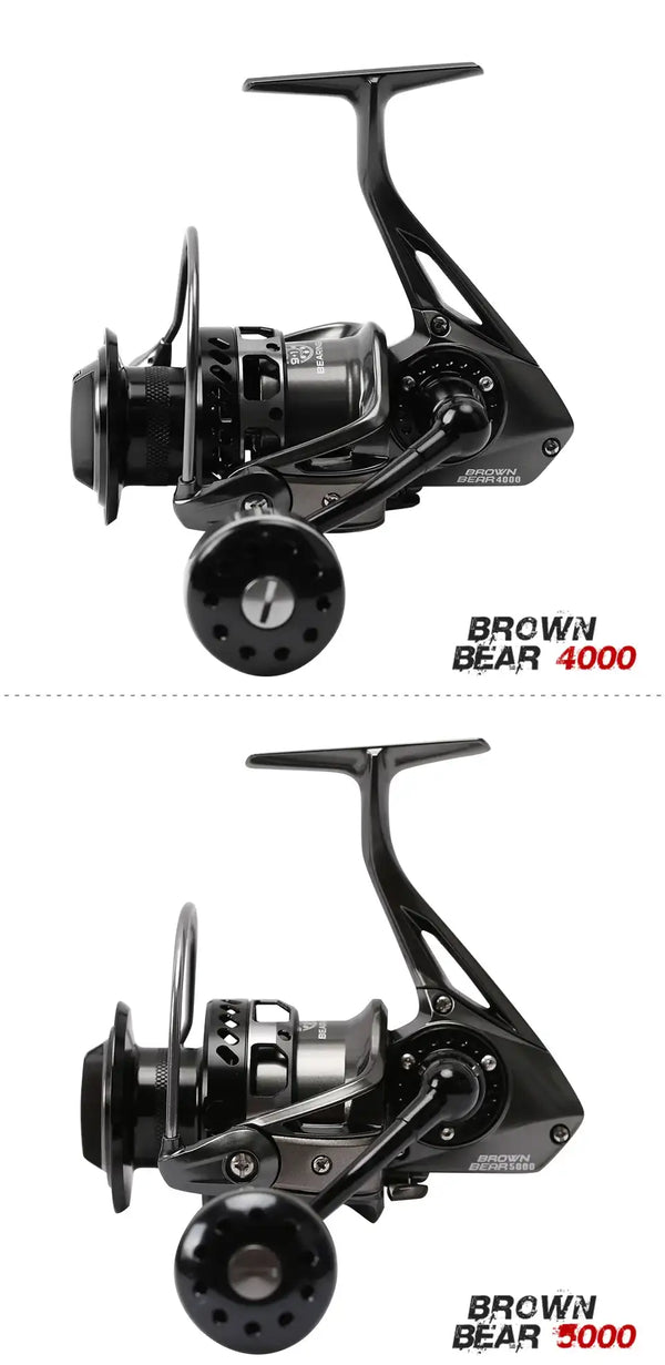 Black spinning reel with different reel sizes, front view on white background
