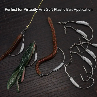 Weighted worm hooks with curly soft lures, multiple hooks displayed