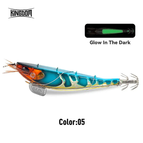 Sinking shrimp jig lure, color 05: teal-blue body with orange head and luminous green stripe