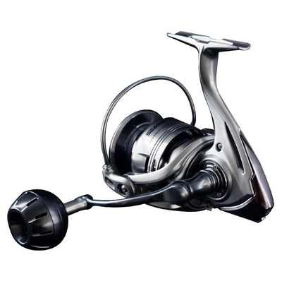 Spinning fishing reel side view with silver spool, arched handle, and black drag knob