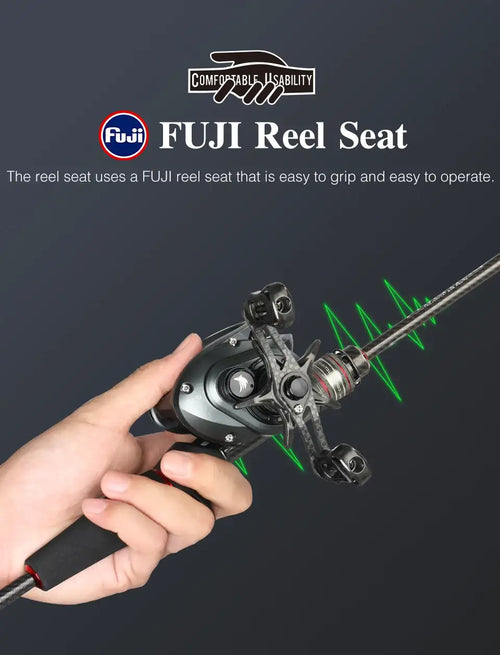 Spinning fishing rod with Fuji reel seat and black cork handle, side view in hand.