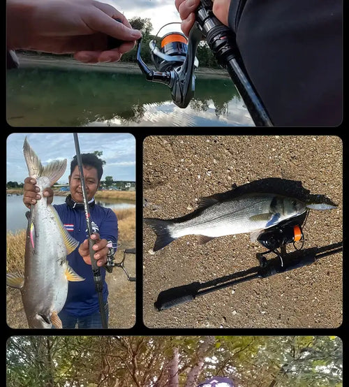 Spinning rod and reel holding a lure while landing a caught fish