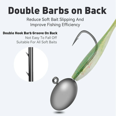 Lead head jig hook with gray oval weight and double-barb rear hooks, angled view