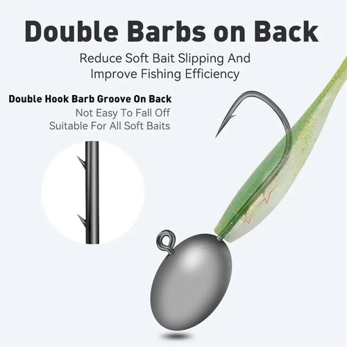 Lead head jig hook with gray oval weight and double-barb rear hooks, angled view