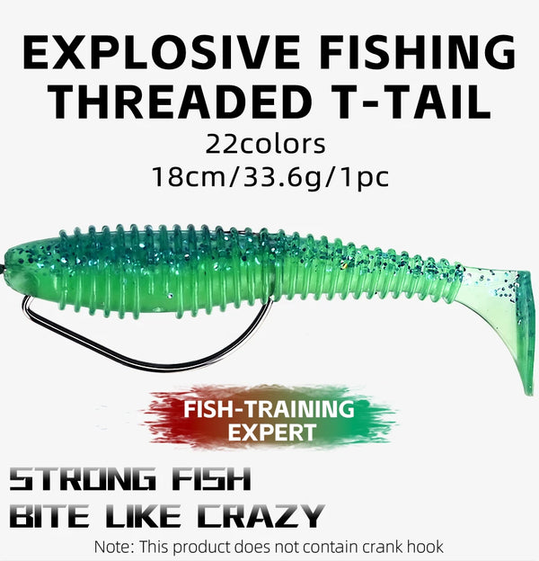 Green silicone threaded T-tail fishing lure with translucent paddle tail