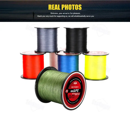 Braided fishing line spools in red, blue, yellow, black, and green