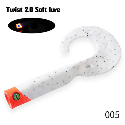 White soft fishing lure trailer with orange head and gray speckle dots