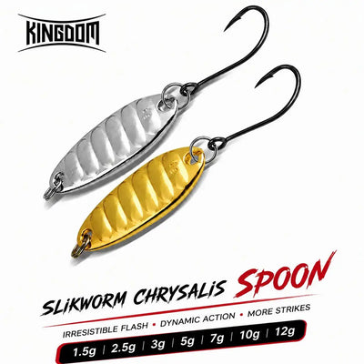 Metal spinner spoon lures in gold and silver, each with a hook and split ring.