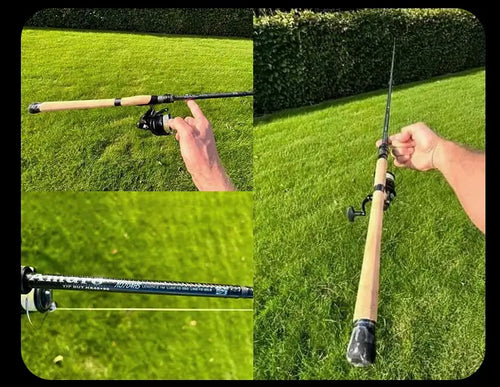 Fishing rod held while casting over green grass near hedges