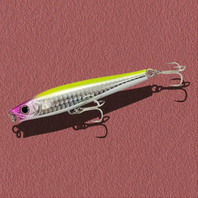 Lime-green and silver textured lipless minnow fishing lure with silver treble hooks