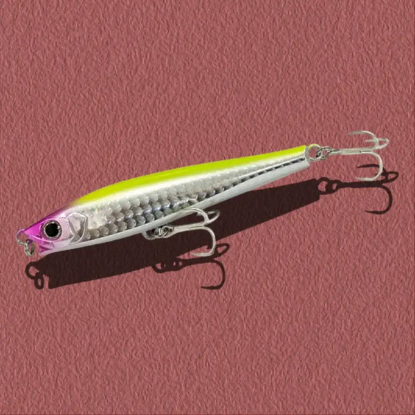 Lime-green and silver textured lipless minnow fishing lure with silver treble hooks