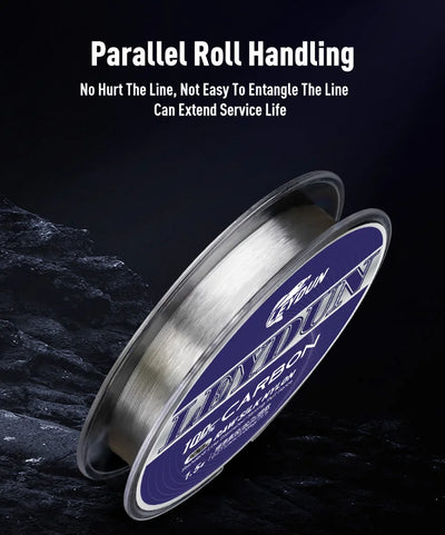 Fluorocarbon leader line spool, clear line wound on blue reel