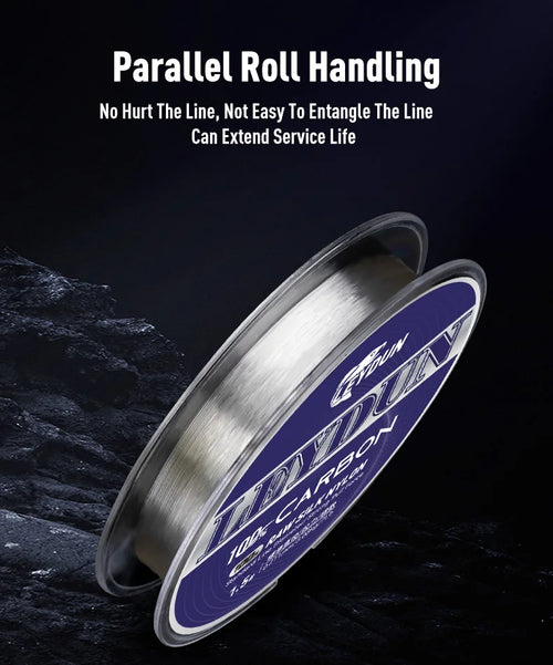 Fluorocarbon leader line spool, clear line wound on blue reel