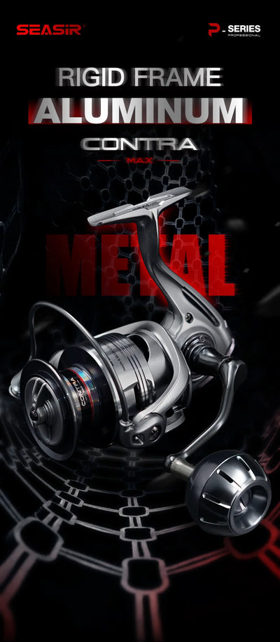 Spinning reel with rigid aluminum frame and dark body, compact silver spool