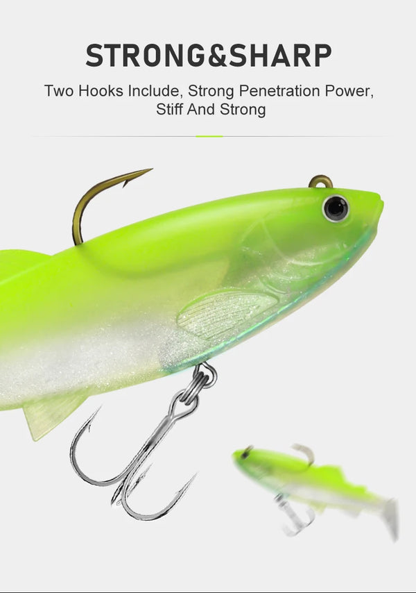 Close-up of green and silver swimbait head with single treble hook