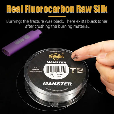 Fluorocarbon fishing line T2 spool with hand pointing at the label