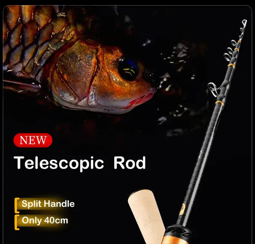 Telescopic fishing rod with split cork handle and orange reel seat, black shaft