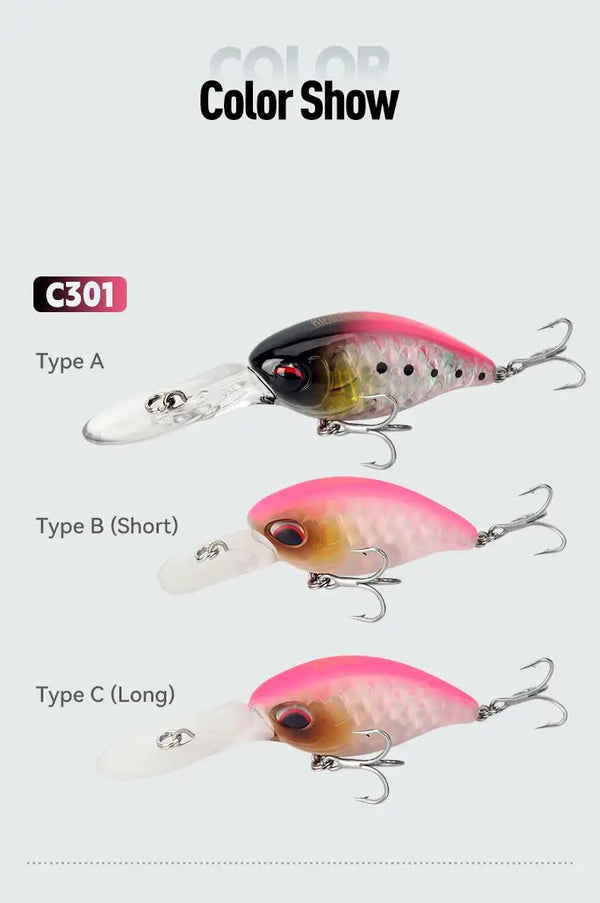 Color lineup of floating crankbait minnow lures: pink, blue, and red-pink with treble hooks