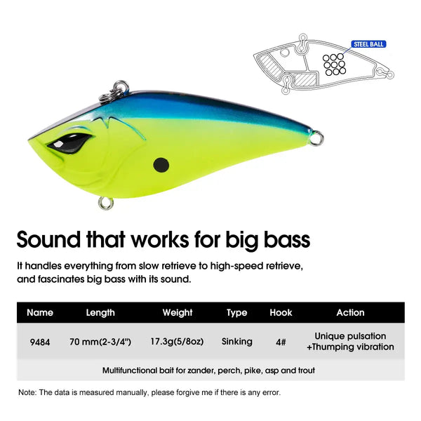 Neon yellow lipless crankbait lure with blue back, black eye, and side treble hook