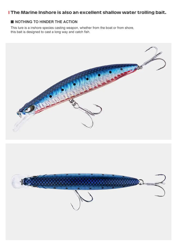 Blue and red floating minnow jerkbait shown from side with three treble hooks