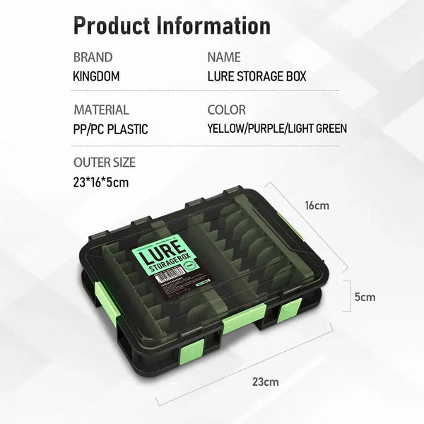 Lure storage box, black with green latch clips, open tray with grid dividers