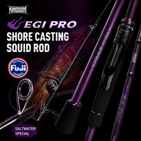 Purple shore casting squid jigging rod with black reel seat and line guides