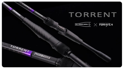 Black spinning-style fishing rod with TORRENT branding on grip sections