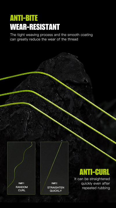Neon green braided fishing line strands on dark rock